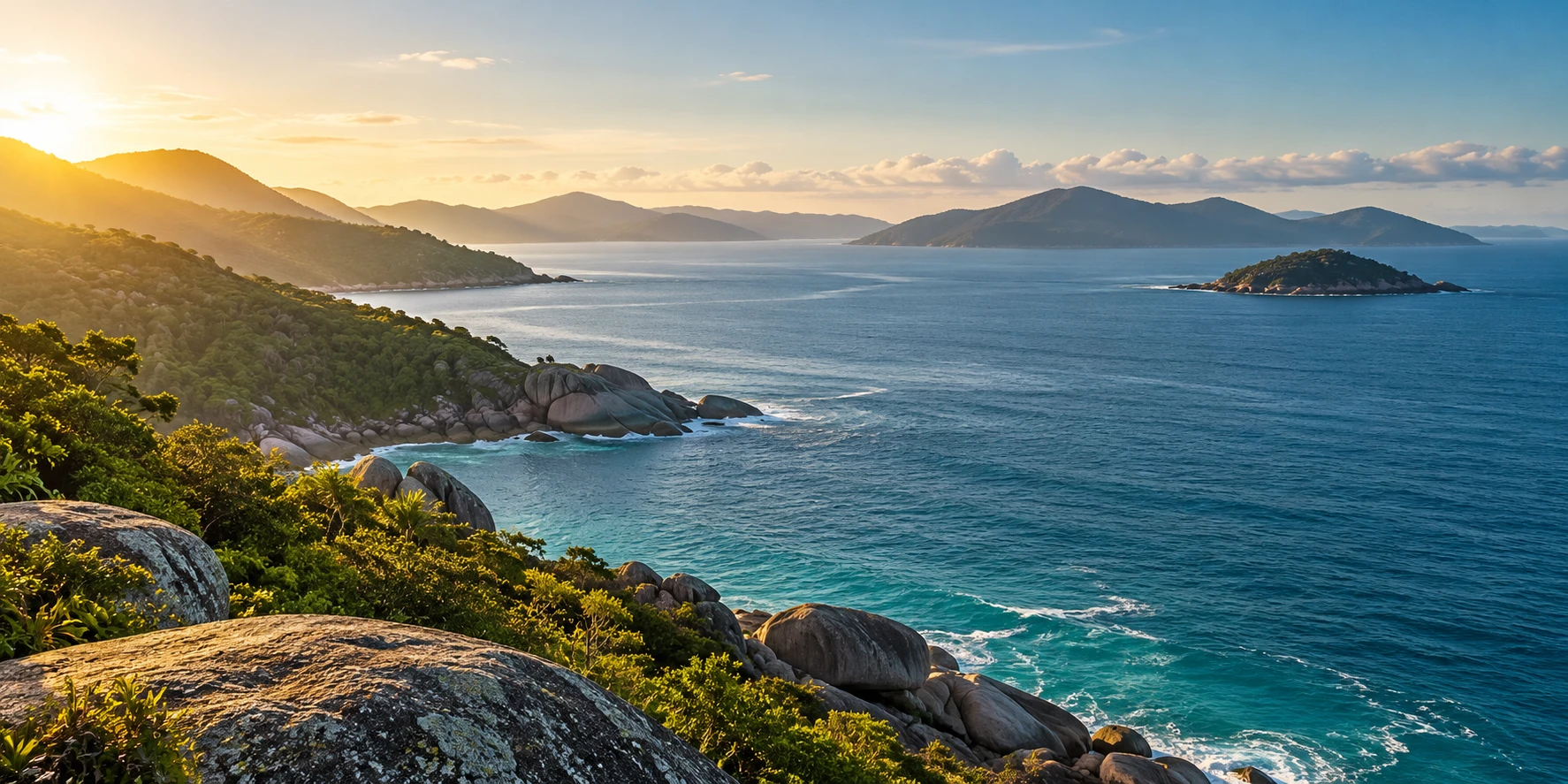 Paisagem conceitual inspirada no litoral de Florianópolis, com mar azul, costões e luz de amanhecer