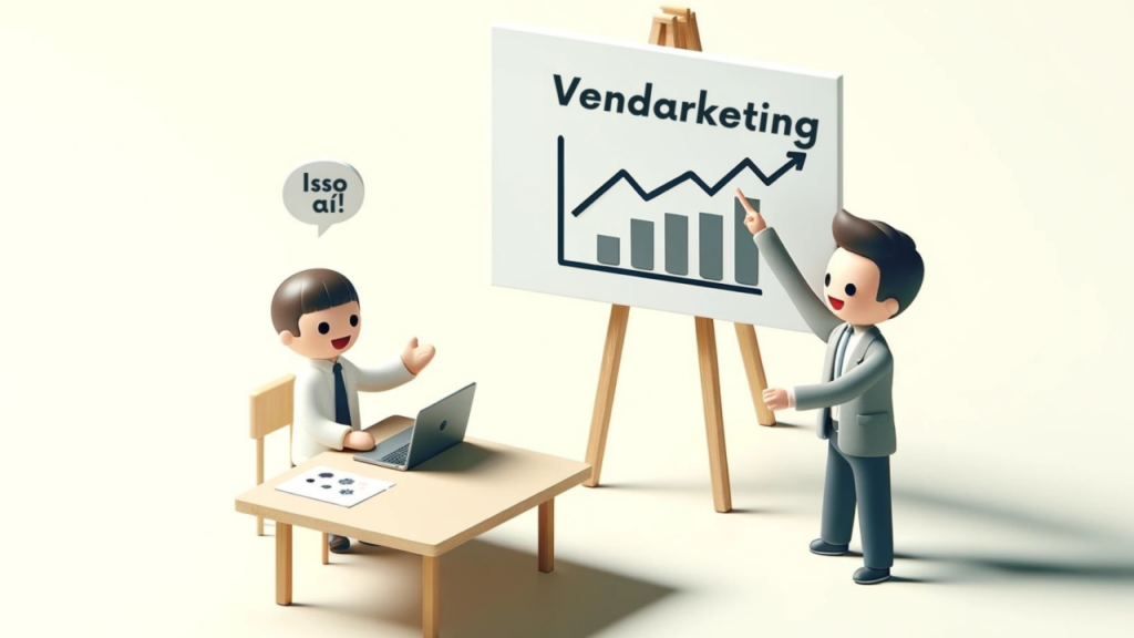 Ilustração em estilo 3D com dois personagens em uma apresentação. Um deles aponta para um quadro com gráfico de crescimento e a palavra “Vendarketing”, enquanto o outro, sentado com notebook, reage positivamente.