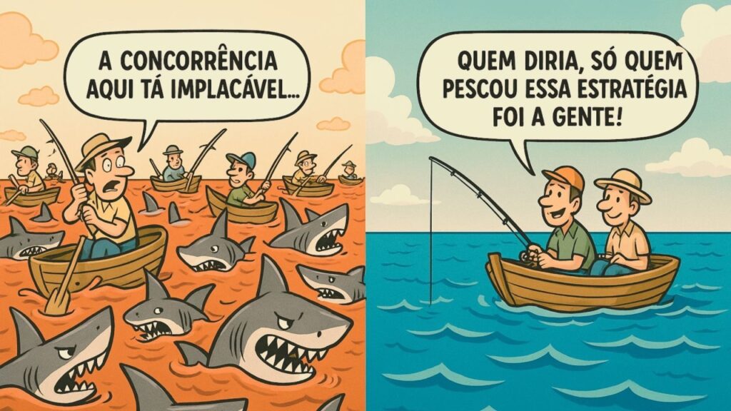 Ilustração em estilo charge dividida em dois cenários. À esquerda, pescadores competem em um mar vermelho cheio de tubarões, com a frase “A concorrência aqui tá implacável”. À direita, dois pescadores estão em um mar azul tranquilo, dizendo que pescaram a estratégia certa.