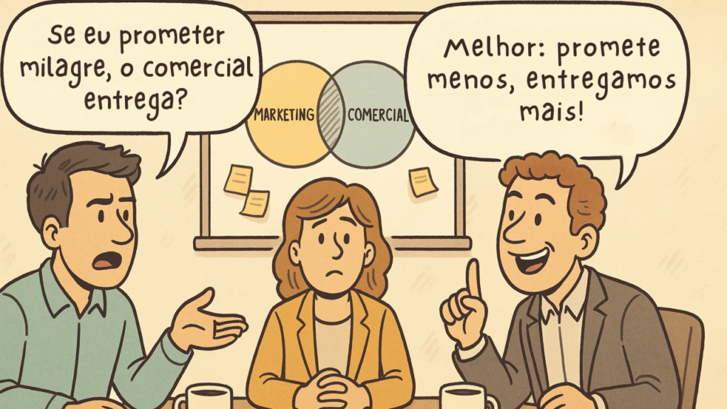 Ilustração em estilo charge com três pessoas em uma reunião. Um homem pergunta se o comercial entrega quando a empresa promete milagre, enquanto outro responde que o melhor é prometer menos e entregar mais. Ao fundo, há um quadro com a integração entre marketing e comercial.